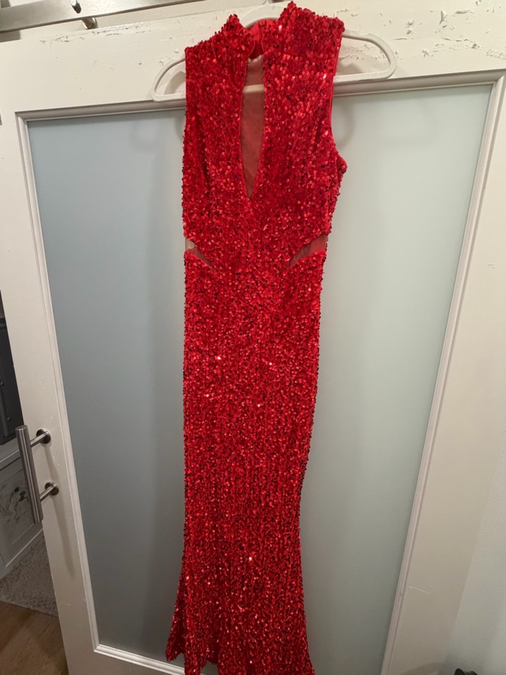 Red Sequin Deep V Prom Dress